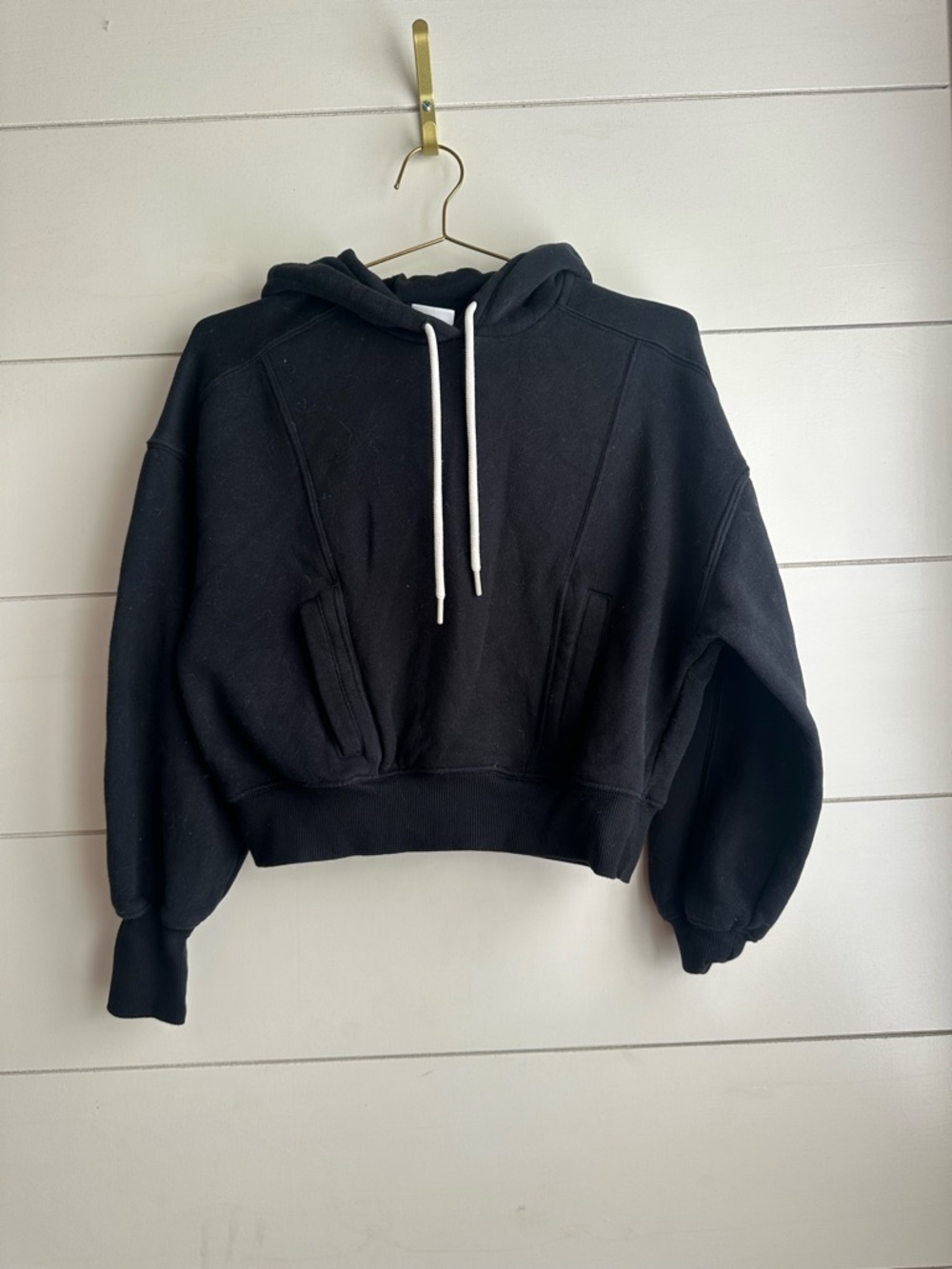 aerie Black Cropped Hoodie with White Drawstrings
